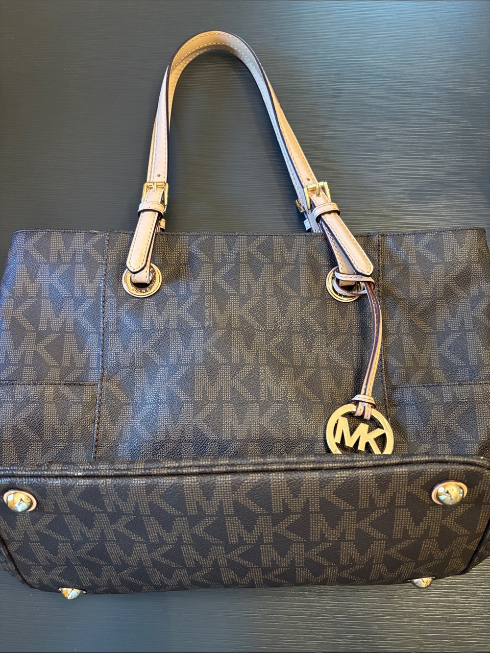 Michael Kors Brown MK Monogram Tote with Gold Charm